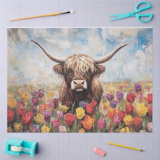 Highland Koe Kleurrijke Tulpen Decoupage Tissuepapier (Craft)