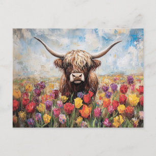 Highland Koe Kleurrijke Tulpen Schilderen Briefkaart