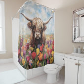 Highland Koe Kleurrijke Tulpen Schilderen Douchegordijn (In situ)