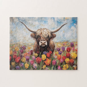 Highland Koe Kleurrijke Tulpen Schilderen Legpuzzel
