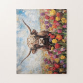 Highland Koe Kleurrijke Tulpen Schilderen Legpuzzel (Verticaal)