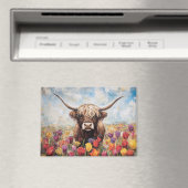 Highland Koe Kleurrijke Tulpen Schilderen Magneet (Insitu (Vaatwasser))