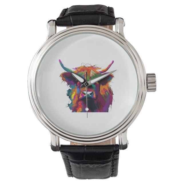 Highland Koe, koe, Highland koe kunst, schattig Hi Horloge (Voorkant)