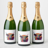 Highland Koe, koe, Highland koe kunst, schattig Hi Sparkling Wijnetiket (Flessen)