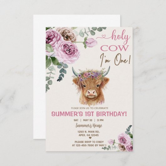Highland koe, koe meisje verjaardagsuitnodiging. kaart (Voorkant / Achterkant)