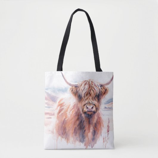 Highland Koe Landscape Waterverf Tote Bag (Voorkant)