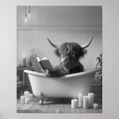 Highland Koe Leesbad Zwart-wit Badkamer Poster (Voorkant)