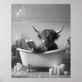 Highland Koe Leesbad Zwart-wit Badkamer Poster