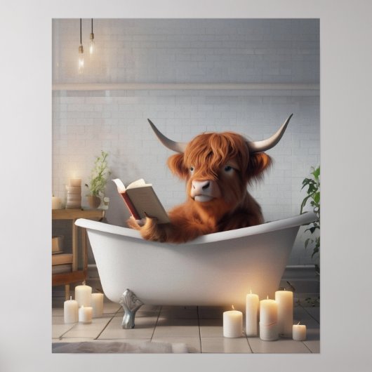 Highland Koe Lezen in Bad Tub Funny Badkamer Poster (Voorkant)