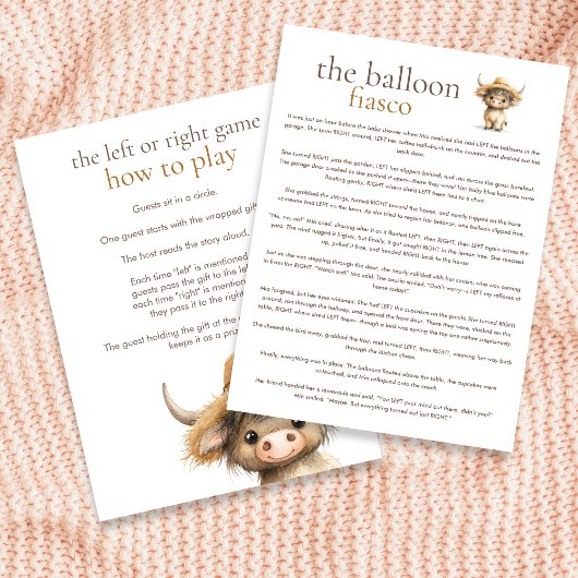 Highland Koe links of rechts Baby shower Game Card Kaart