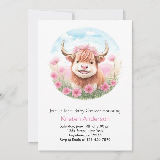 Highland Koe Meadow Roze Meisje Baby shower Kaart (Voorkant)
