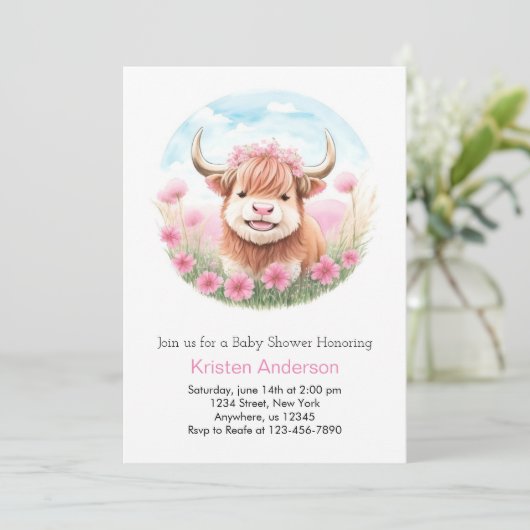 Highland Koe Meadow Roze Meisje Baby shower Kaart (Staand voorkant)