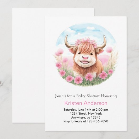 Highland Koe Meadow Roze Meisje Baby shower Kaart (Voorkant / Achterkant)