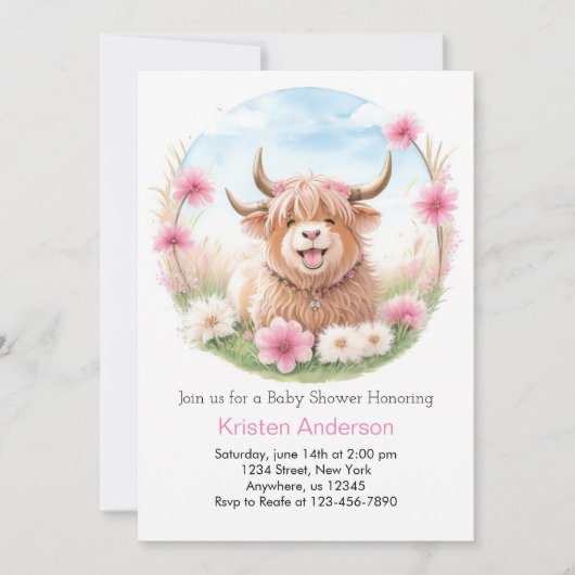 Highland Koe Meadow Whimsy Roze Meisje Baby shower Kaart (Voorkant)