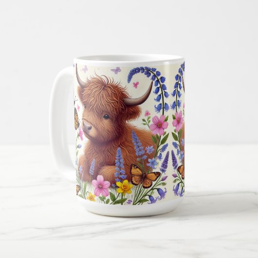 Highland Koe met bloemen en vlinders Koffiemok (Voorkant links)