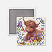 Highland Koe met bloemen en vlinders Magneet (Voorkant / Achterkant)