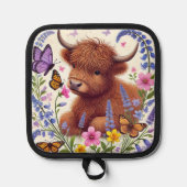 Highland Koe met bloemen en vlinders Pannenlap (Voorkant)