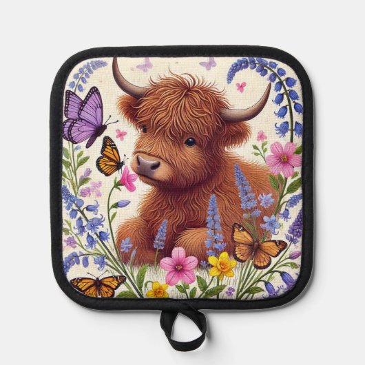 Highland Koe met bloemen en vlinders Pannenlap (Voorkant)