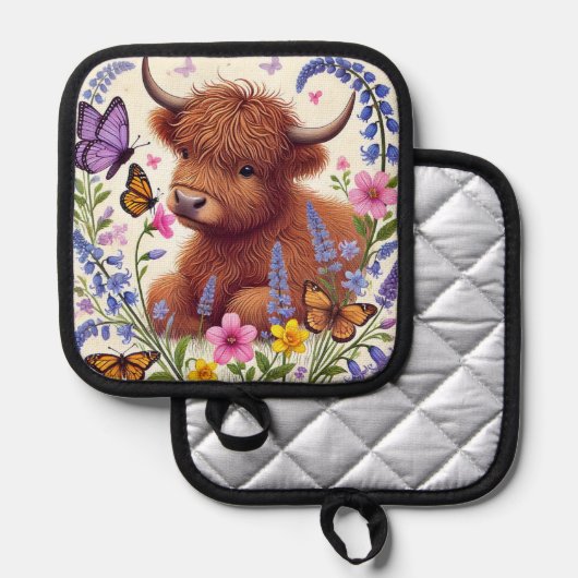 Highland Koe met bloemen en vlinders Pannenlap (Voorkant / Achterkant)
