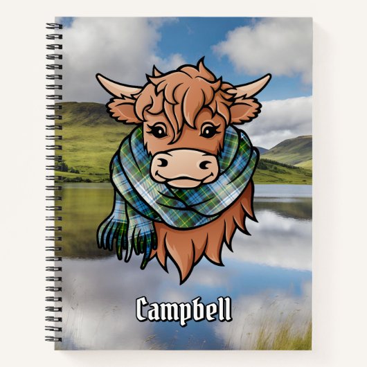 Highland Koe met Campbell Dress Tartan Sjaal Notitieboek (Voorkant)