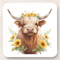 Highland Koe met gele zonnebloemkroon