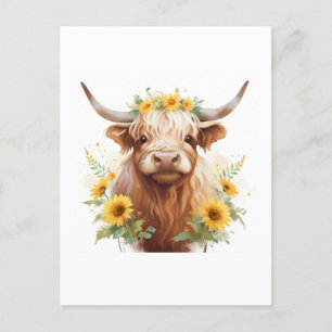 Highland Koe met gele zonnebloemkroon Briefkaart