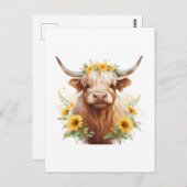 Highland Koe met gele zonnebloemkroon Briefkaart (Voorkant / Achterkant)