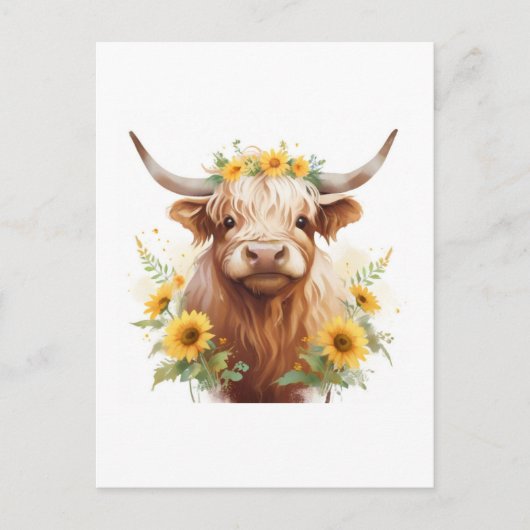 Highland Koe met gele zonnebloemkroon Briefkaart (Voorkant)
