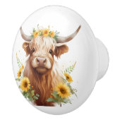 Highland Koe met gele zonnebloemkroon Keramische Knop (Rechts)