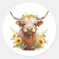 Highland Koe met gele zonnebloemkroon