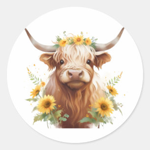 Highland Koe met gele zonnebloemkroon Ronde Sticker