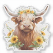 Highland Koe met gele zonnebloemkroon Sticker (Voorkant)