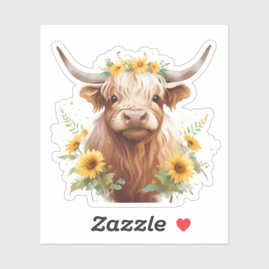 Highland Koe met gele zonnebloemkroon Sticker (Vel)
