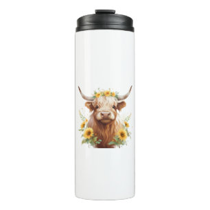 Highland Koe met gele zonnebloemkroon Thermosbeker