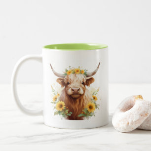 Highland Koe met gele zonnebloemkroon Tweekleurige Koffiemok