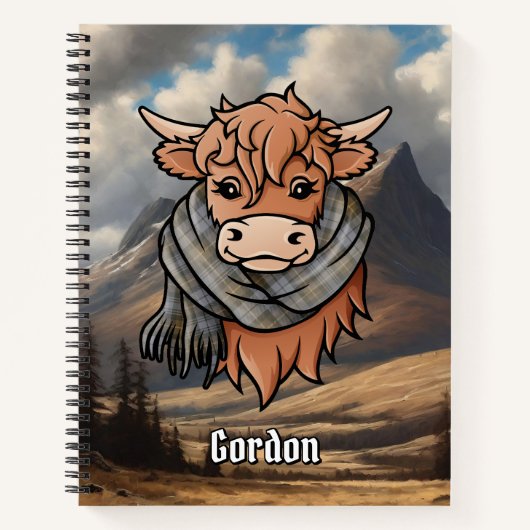 Highland Koe met Gordon Weathered Tartan Sjaal Notitieboek (Voorkant)