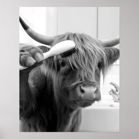 Highland Koe met haarborstel Funny Haarstylist Poster (Voorkant)