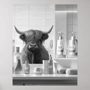 Highland Koe met Hair Styling Producten Badkamer Poster