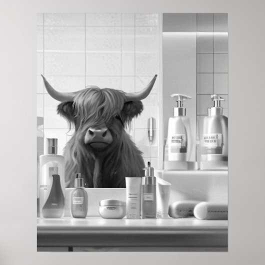 Highland Koe met Hair Styling Producten Badkamer Poster (Voorkant)