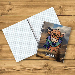 Highland Koe met Hamilton Hunting Tartan Sjaal Notitieboek