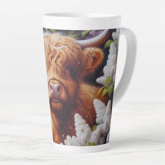 Highland Koe met Lila bloemen Latte Mok (Rechterhoek)
