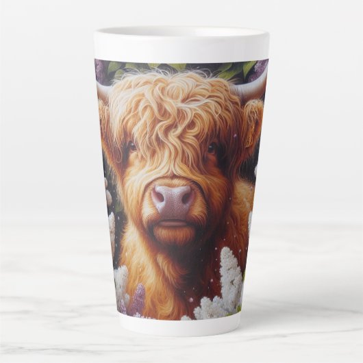 Highland Koe met Lila bloemen Latte Mok (Voorkant)