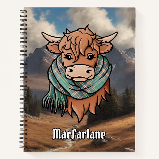 Highland Koe met MacFarlane Jacht Tartan Sjaal Notitieboek (Voorkant)