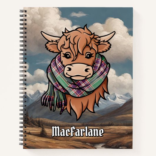 Highland Koe met MacFarlane Jacht Tartan Sjaal Notitieboek (Voorkant)