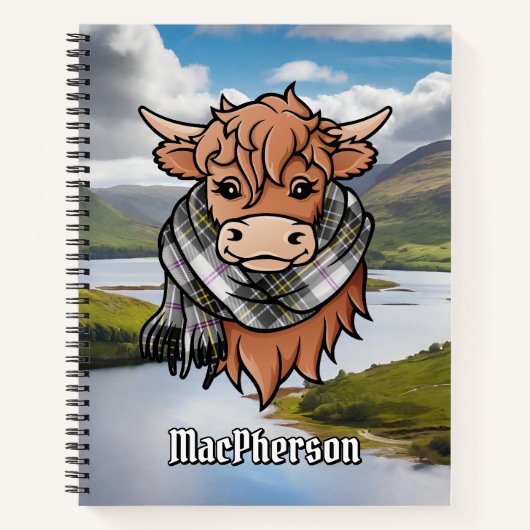 Highland Koe met MacPherson Dress Tartan Sjaal Notitieboek (Voorkant)