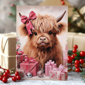 Highland Koe met Pink Bow Christmas Feestdagen Kaart