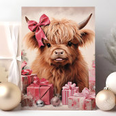 Highland Koe met Pink Bow Christmas Feestdagen Kaart