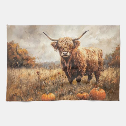 Highland Koe met pompoenen Theedoek (Horizontaal)