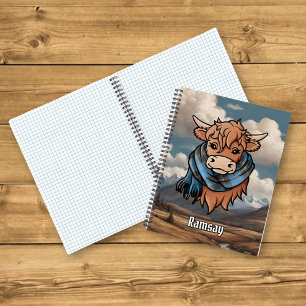 Highland Koe met Ramsay Blue Hunting Tartan Scarf Notitieboek