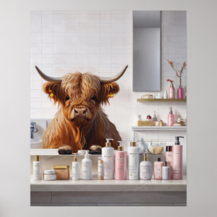 Highland Koe met Roze Beauty Producten Badkamer Poster